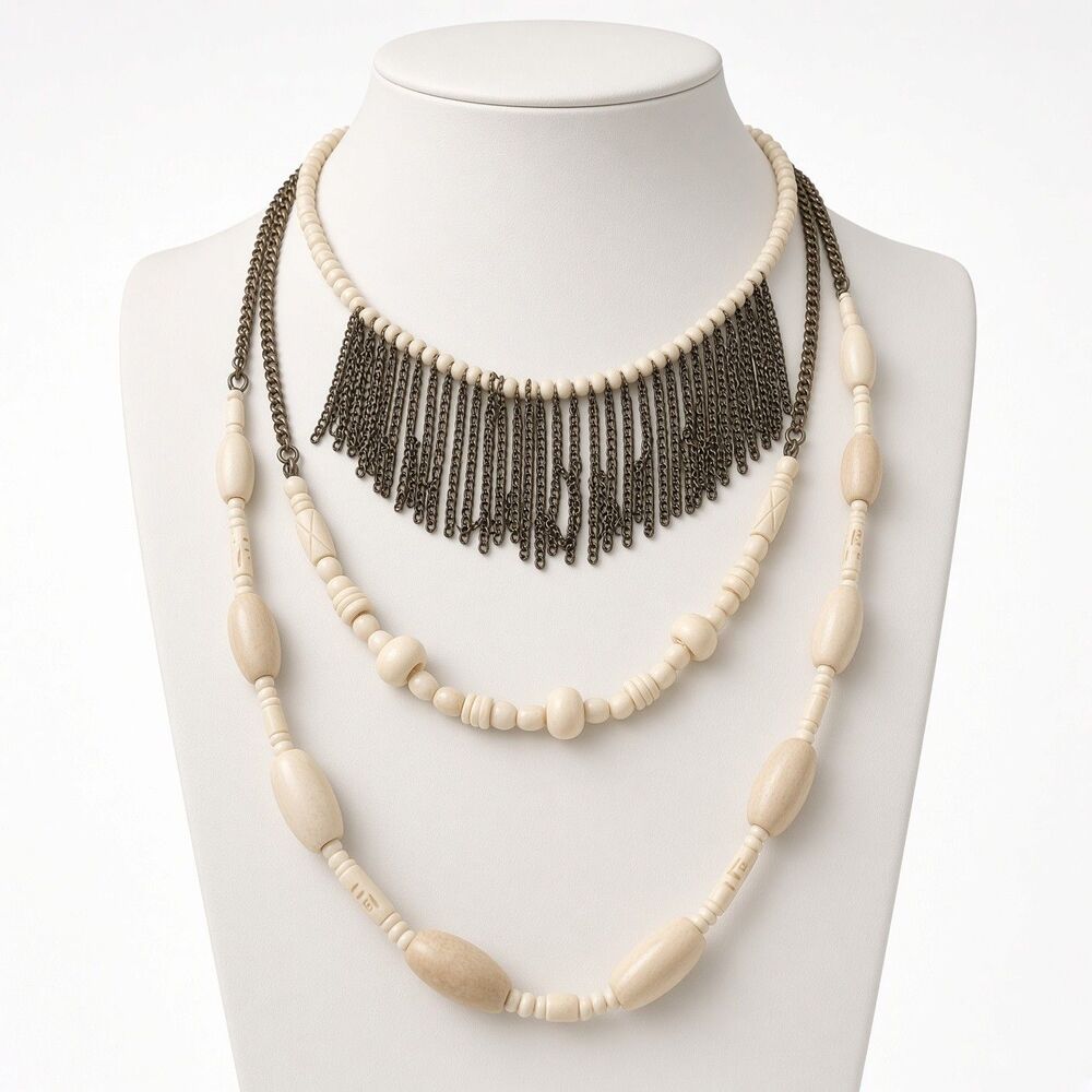 Vintage Berry MultiStrand Bone Bead Necklace Gunmetal Chain Fringe Boho Layered